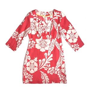 Boden coral & white floral 3/4 sleeve linen dress